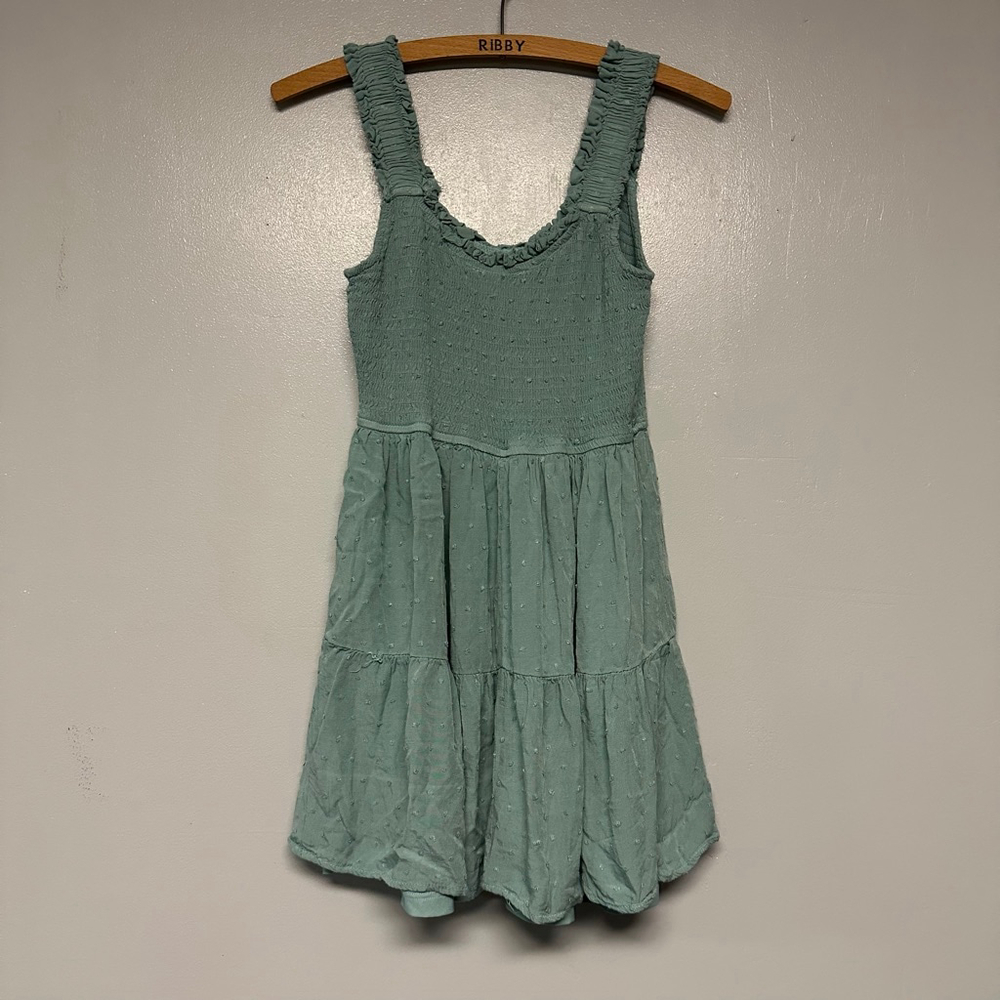Women's MINE Green Smocked Tiered Mini Dress with Bow Size medium babydoll fairy - Picture 7 of 9